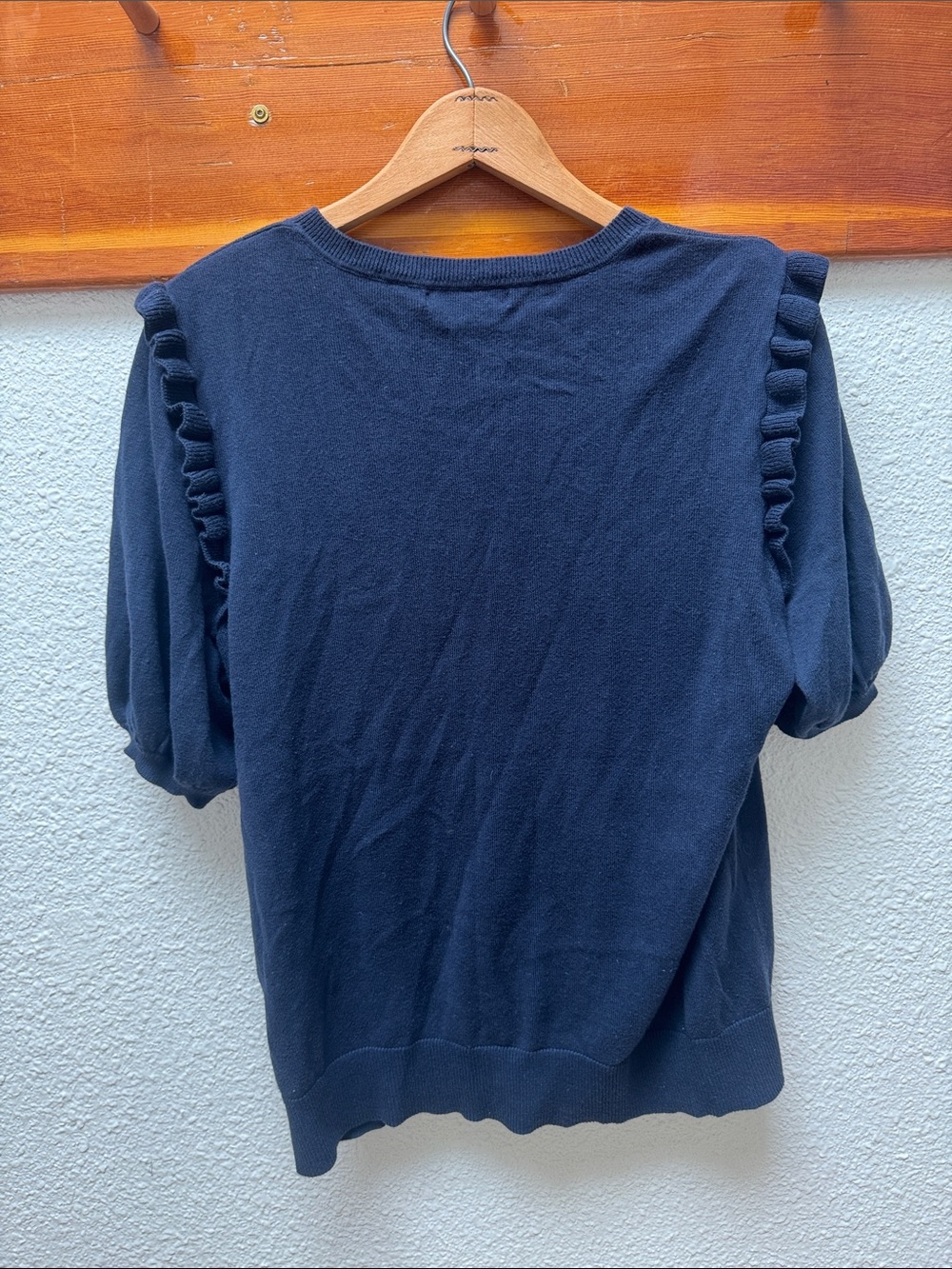 Boden Navy Ruffle Puff Sleeve Knit Top